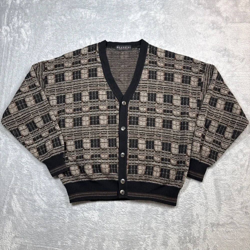 Vintage Brandini Cardigan Men XL Beige Black Wool Blend Grandpa